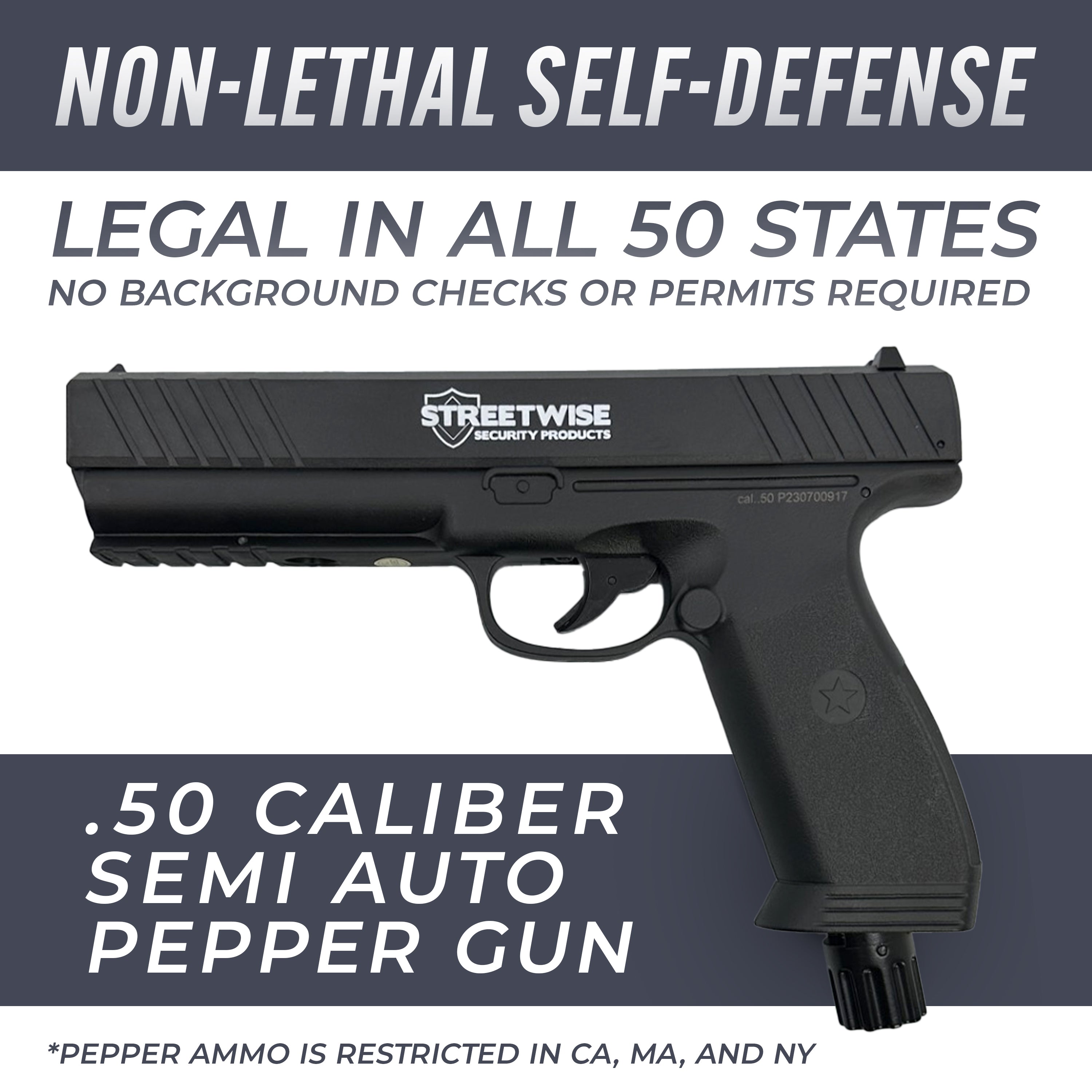 Black pepper gun with Streetwise Security Products branding on a gray background, featuring text about legal status and features.
