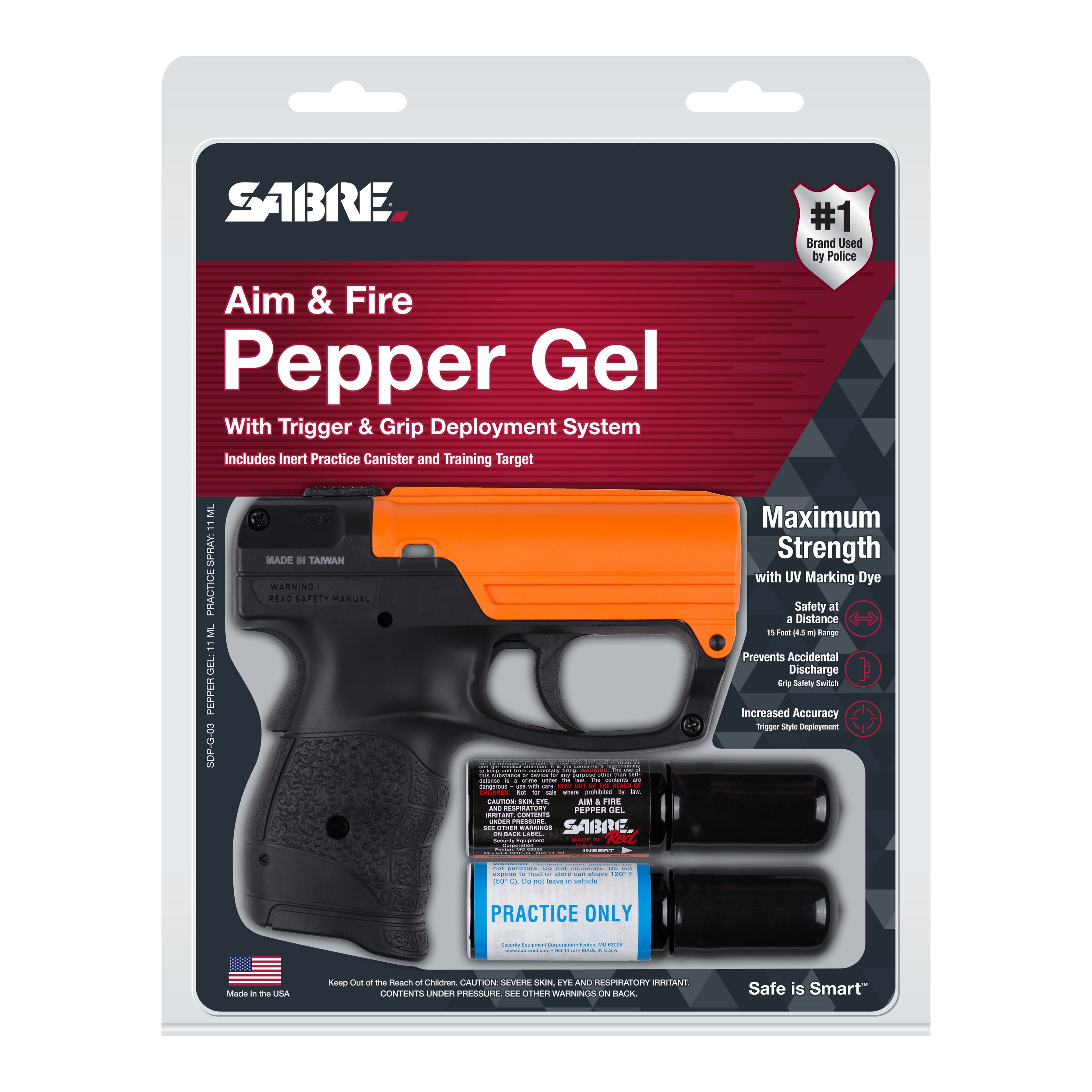 SABRE Aim and Fire Pepper Gel complete kit including practice cartridge, live gel, and training target – non-lethal self-defense system