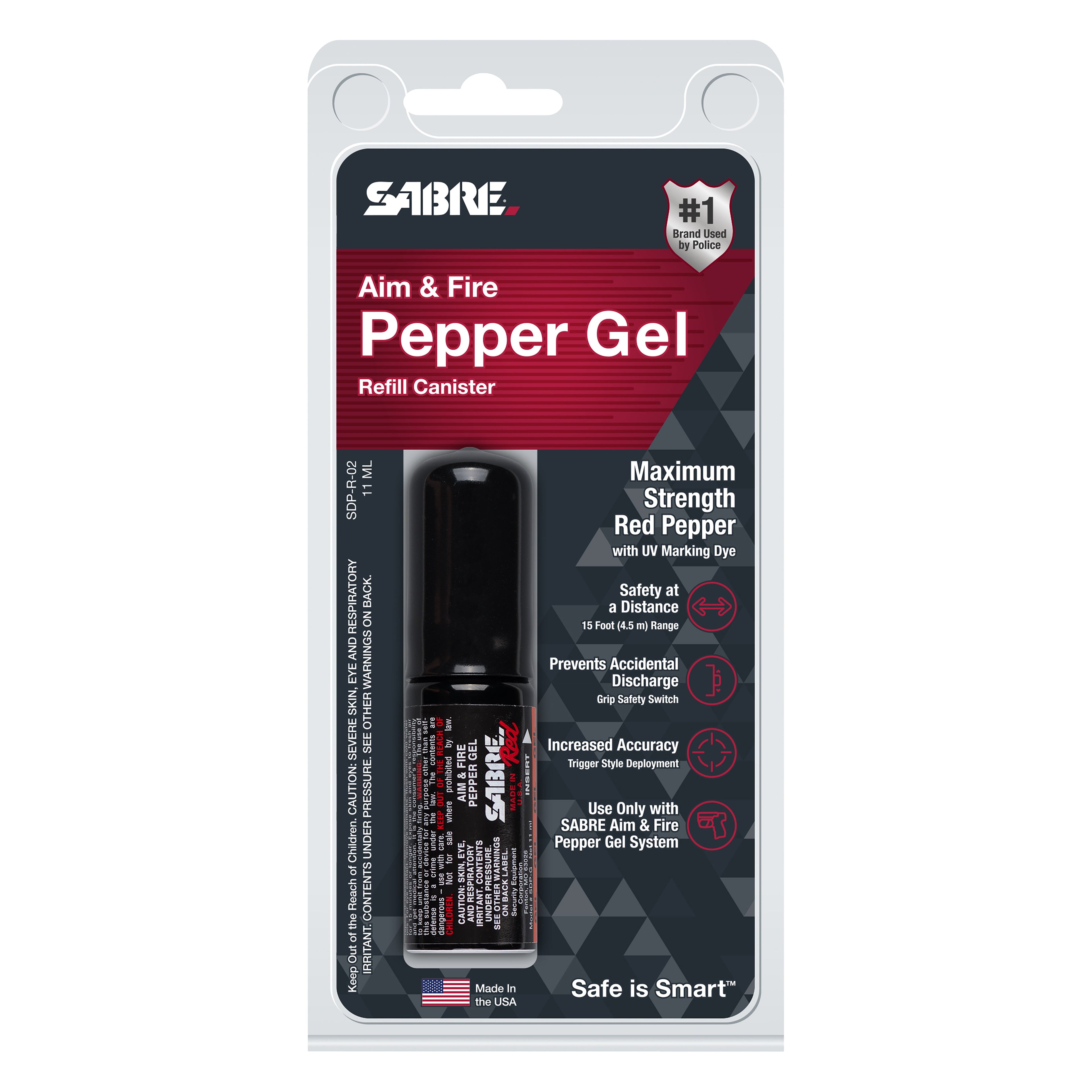 SABRE Aim and Fire Pepper Gel Refill Canister – black 0.39 oz replacement cartridge with maximum strength pepper gel and UV marking dye for reloadable launcher