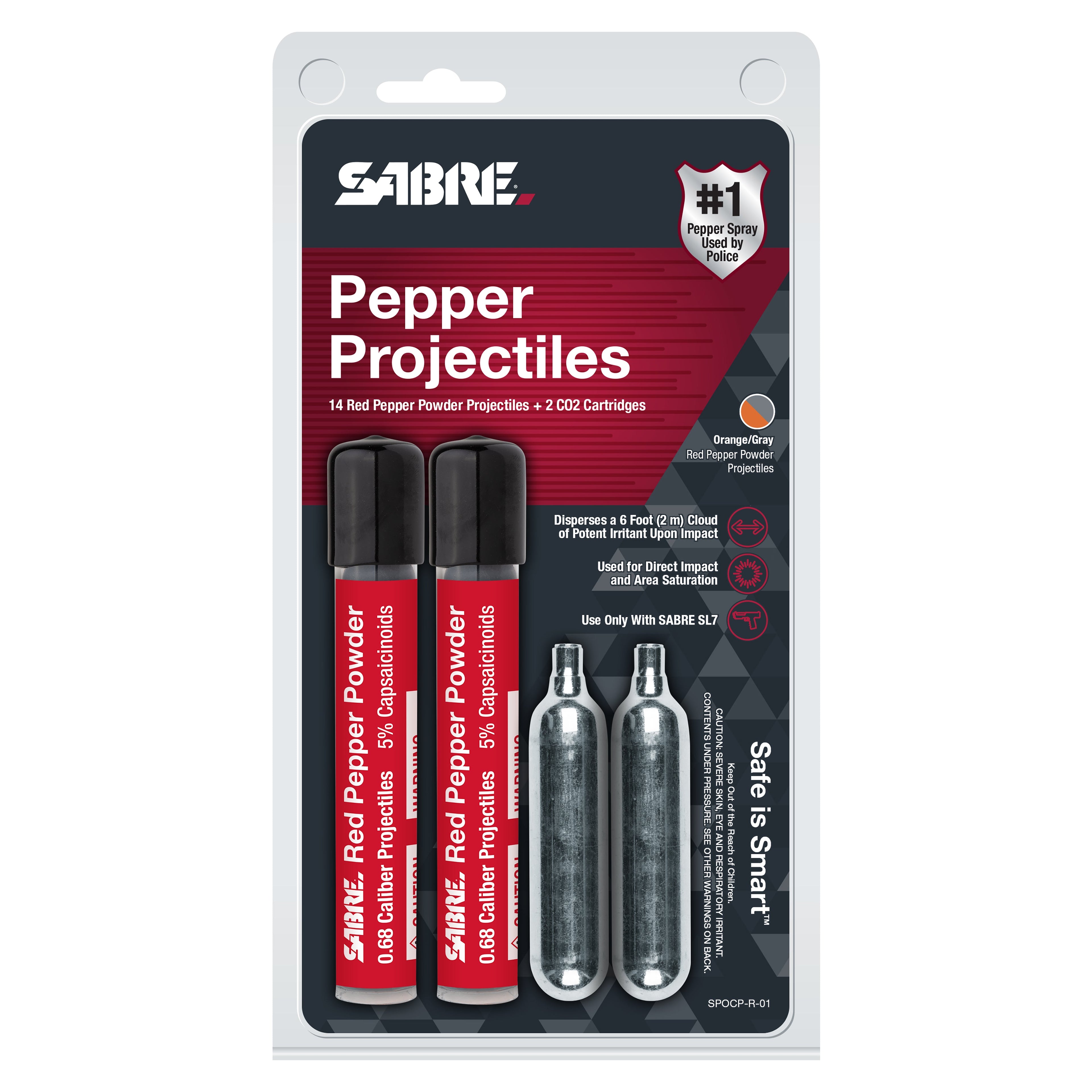SABRE 14 Live 0.68 Cal Projectiles + 2 CO2 Cartridges refill kit – two 7-count tubes of red pepper powder projectiles and two 12g CO2 cartridges for SL-P1C pepper launcher