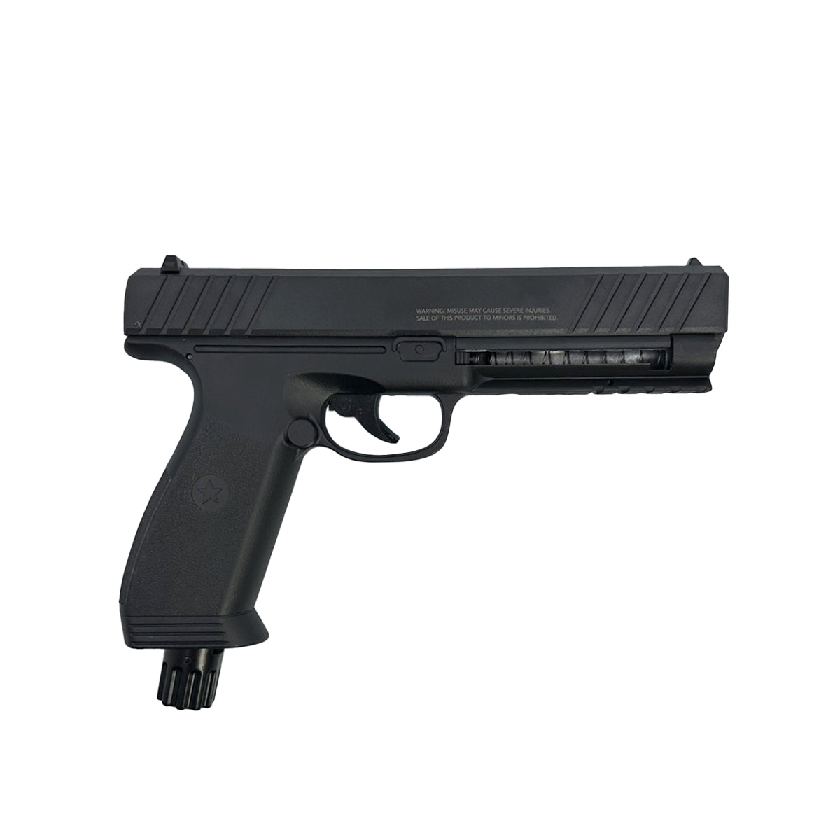 Black handgun on a white background