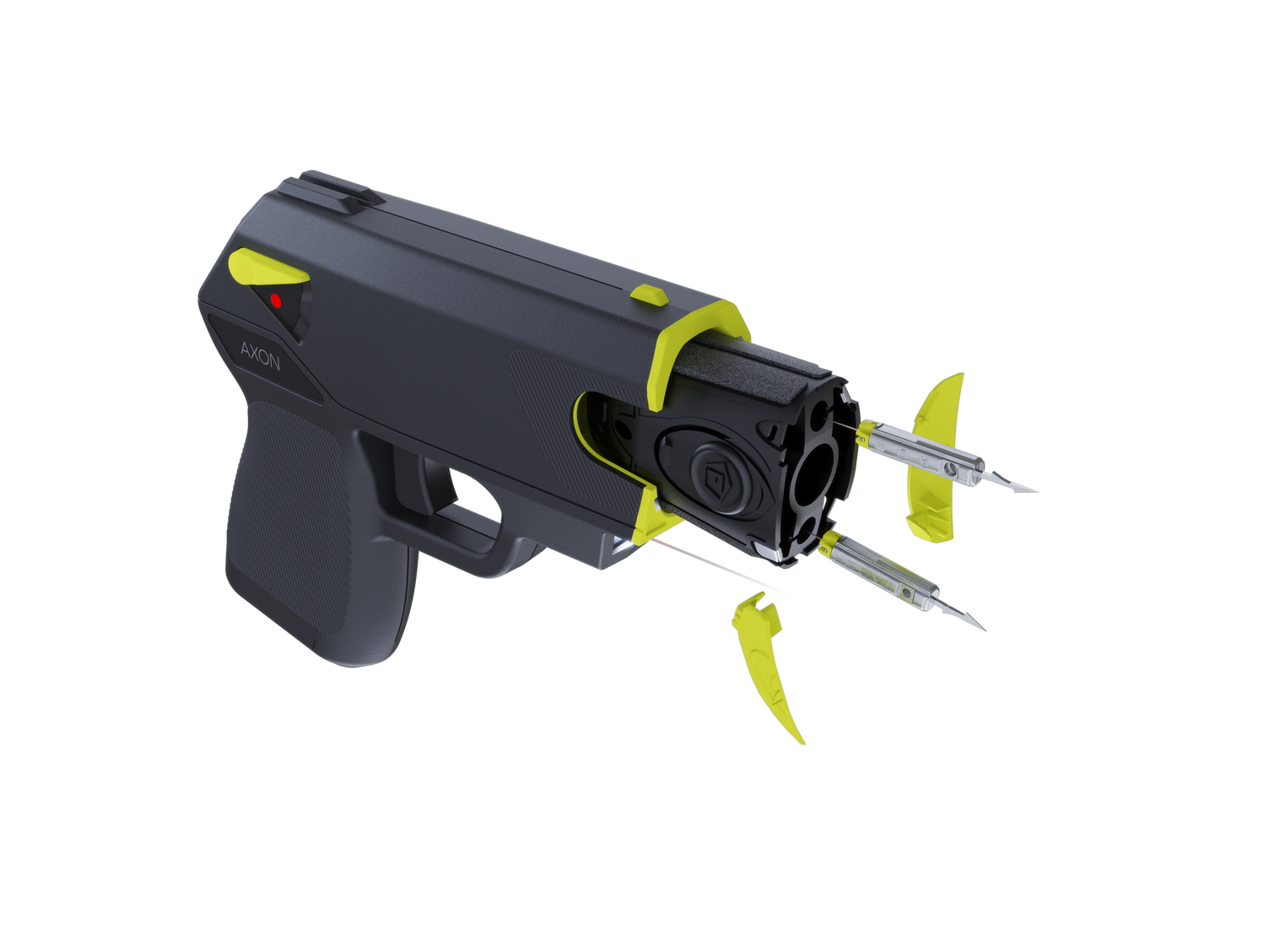 Front of TASER Pulse 2 showing trigger, cartridge bay, and 15-ft range neuromuscular incapacitation feature