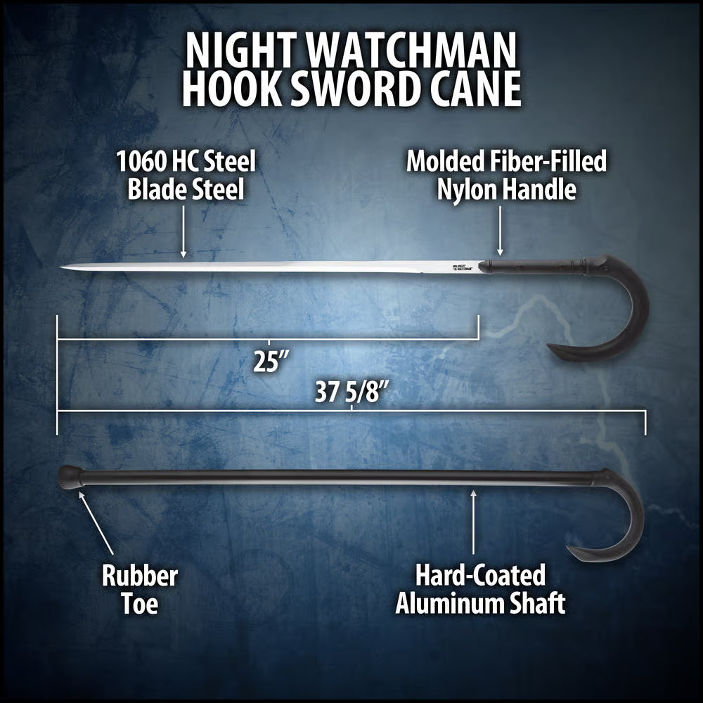 Diagram of a 'Night Watchman Hook Sword Cane' with labeled parts and measurements on a blue background.