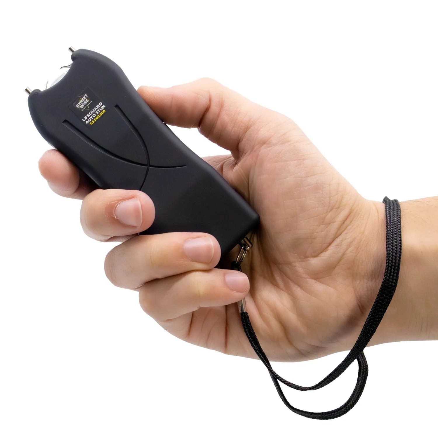 Life Guard auto-stun gun in black with patent-pending instant activation technology and LED flashlight